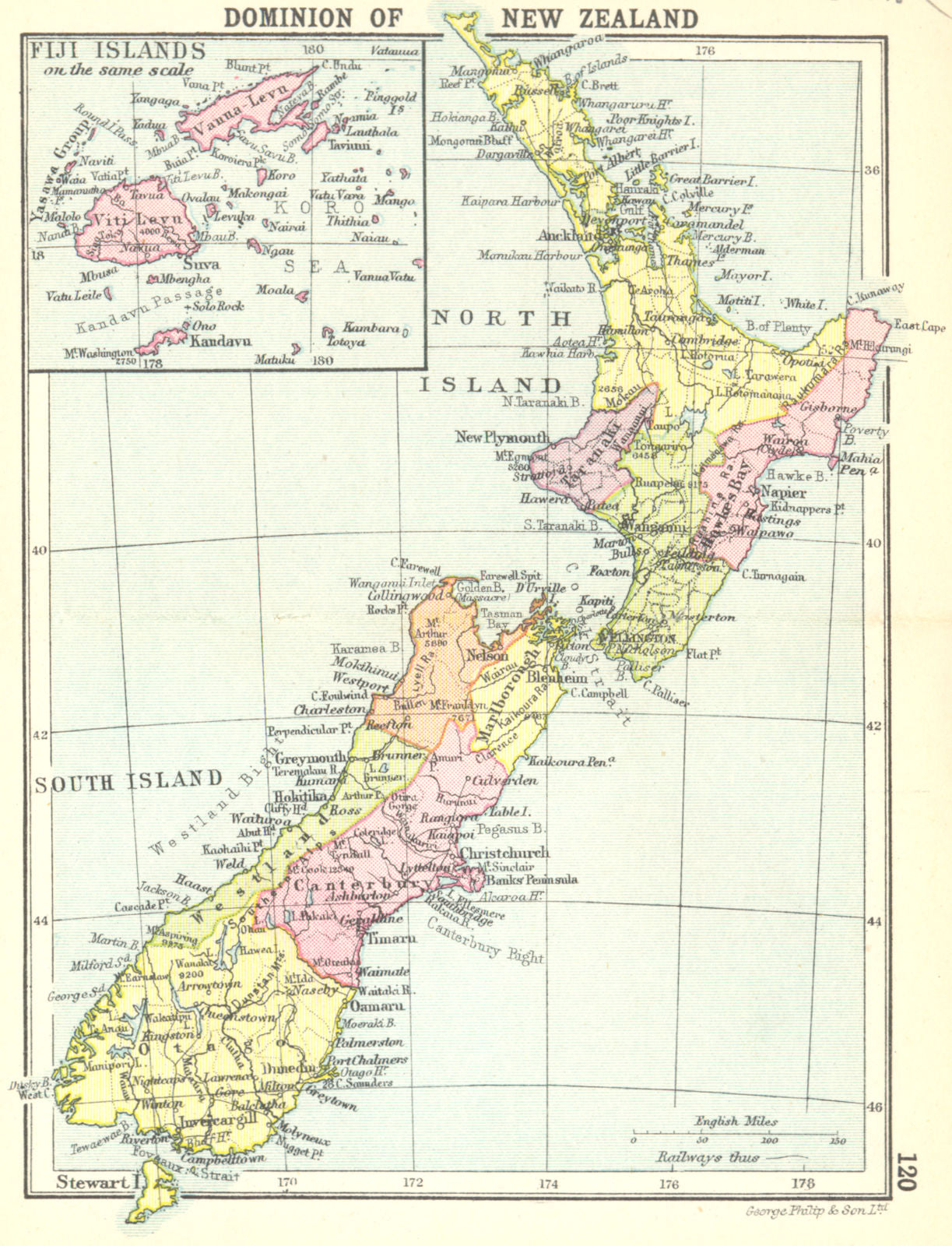 NEW ZEALAND. Dominion of. Inset map Fiji Islands; Small map 1912 old